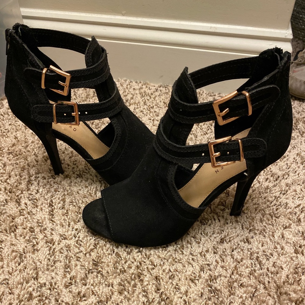 Black Suede Open Toe Heels